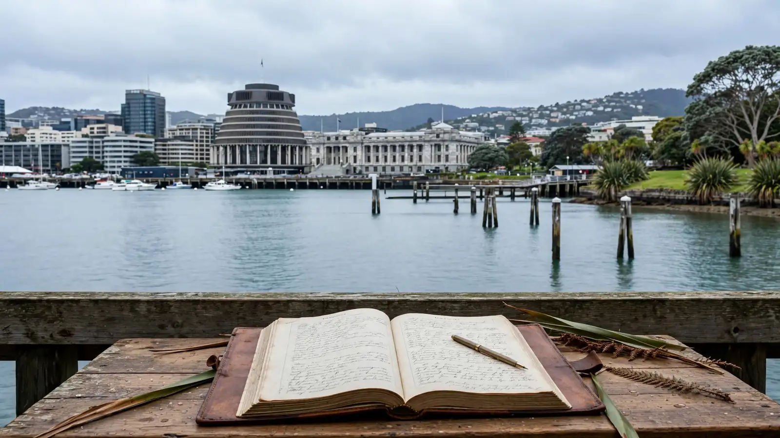 Wellington Parliament buildings with legislative documents on a desk