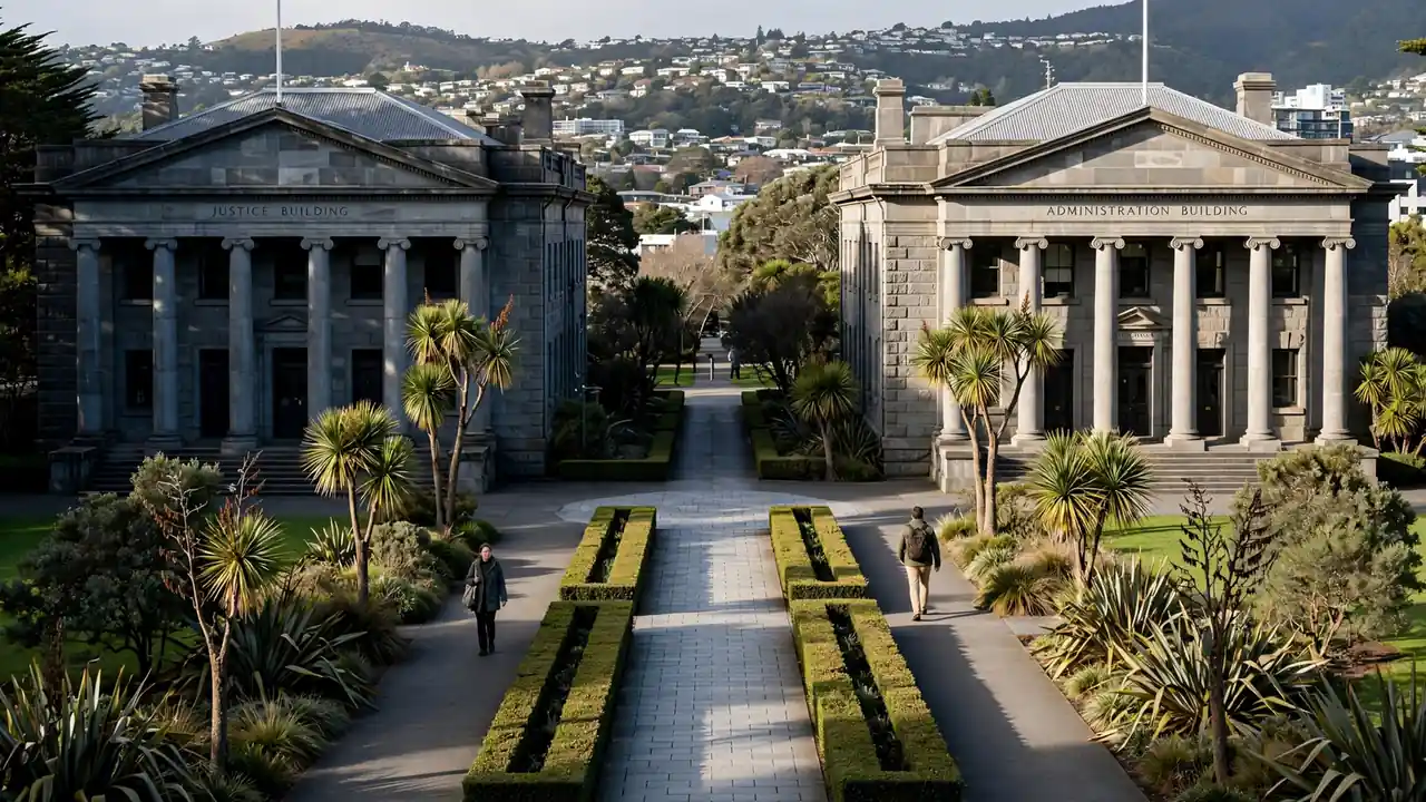 Two government buildings facing each other across a civic square