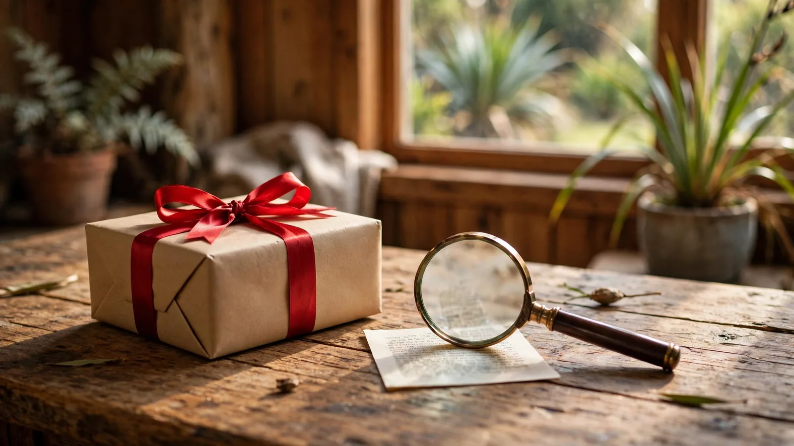 Wrapped gift box beside a magnifying glass with blurred fine print