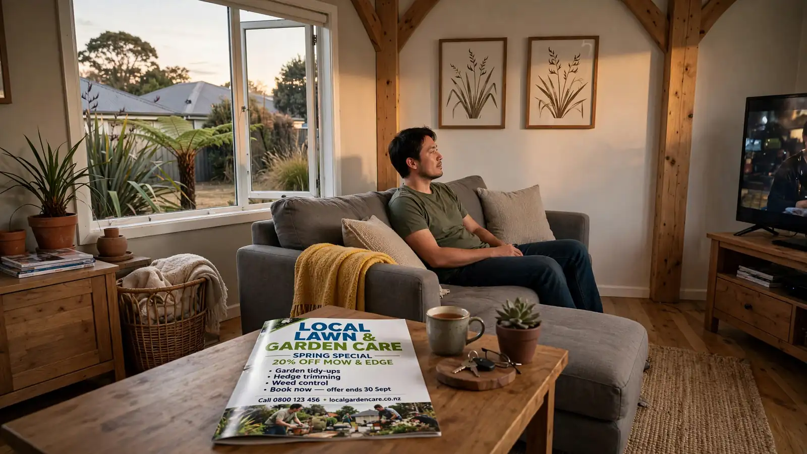 Living room with a child watching TV and a promotional flyer on a table